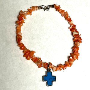 Orange Agate chip bracelet with sterling cross charm, Southwestern flair